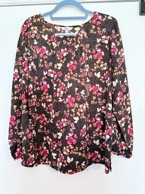 croft & barrow Brown Floral Long-Sleeve Blouse with Pink Accents